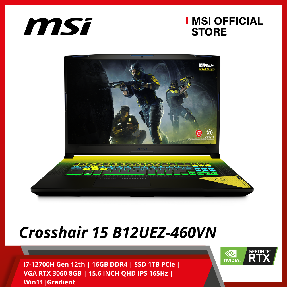 laptop MSI Gaming Crosshair 15 B12UEZ-460VN (i7-12700H Gen 12th | 16GB DDR4 | SSD 1TB PCle | VGA RTX 3060 8GB | 15.6 INCH QHD IPS 165Hz | Win11|Gradient) - Hàng Chính Hãng