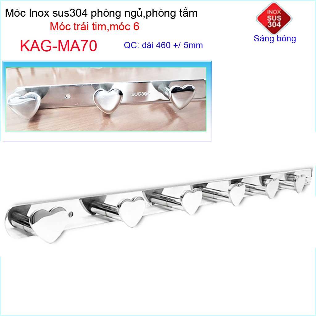 Móc treo quần áo inox 304 cao cấp dày, móc tim Kace 6 móc treo đồ nhà tắm KAG-MA70