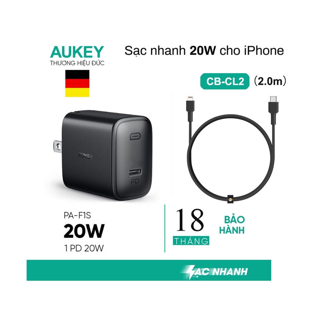 Combo Sạc Nhanh Aukey PA-F1S Power Delivery 20W - Cáp Sạc Nhanh USB-C to Lightning Aukey CB-CL2 2M - Hàng Chính Hãng