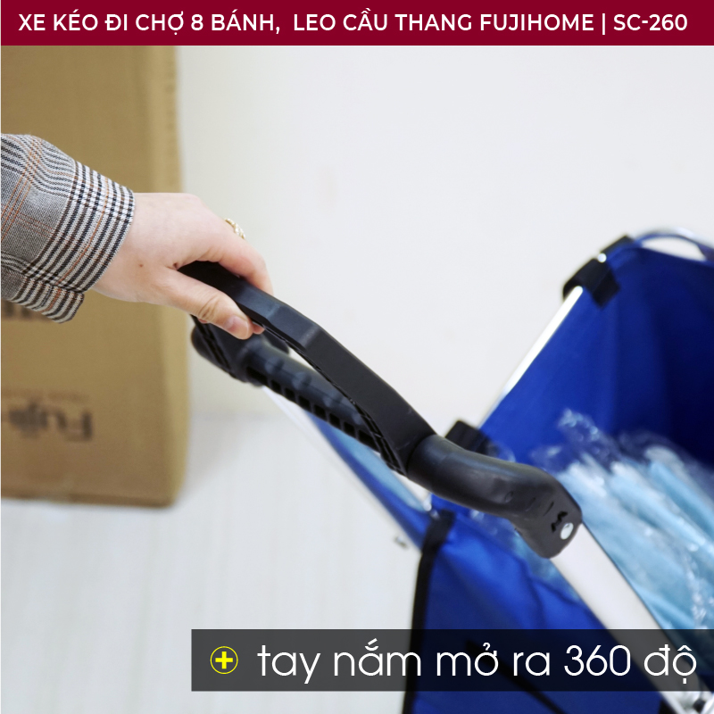 Xe kéo đi chợ leo cầu thang 8 bánh Nhật Bản Fujihome 60kg, xe đẩy hàng đi chợ gấp gọn có giỏ túi đa năng inox mini market trolley