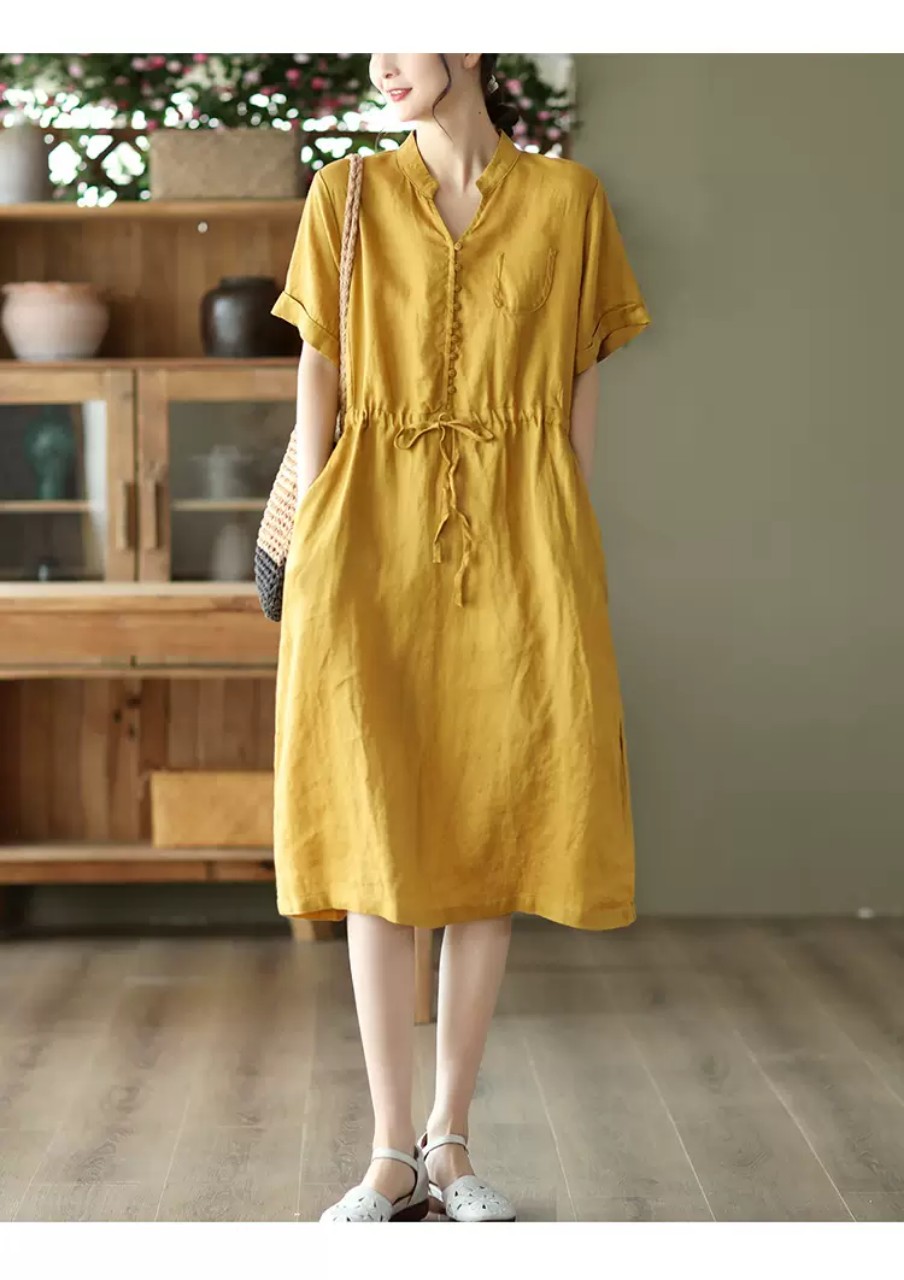 Đầm Linen suông nữ cổ V, Váy suông Linen rút eo cài cúc, tay ngắn có túi ngực, form rộng mặc hè cho nữ Haint Boutique