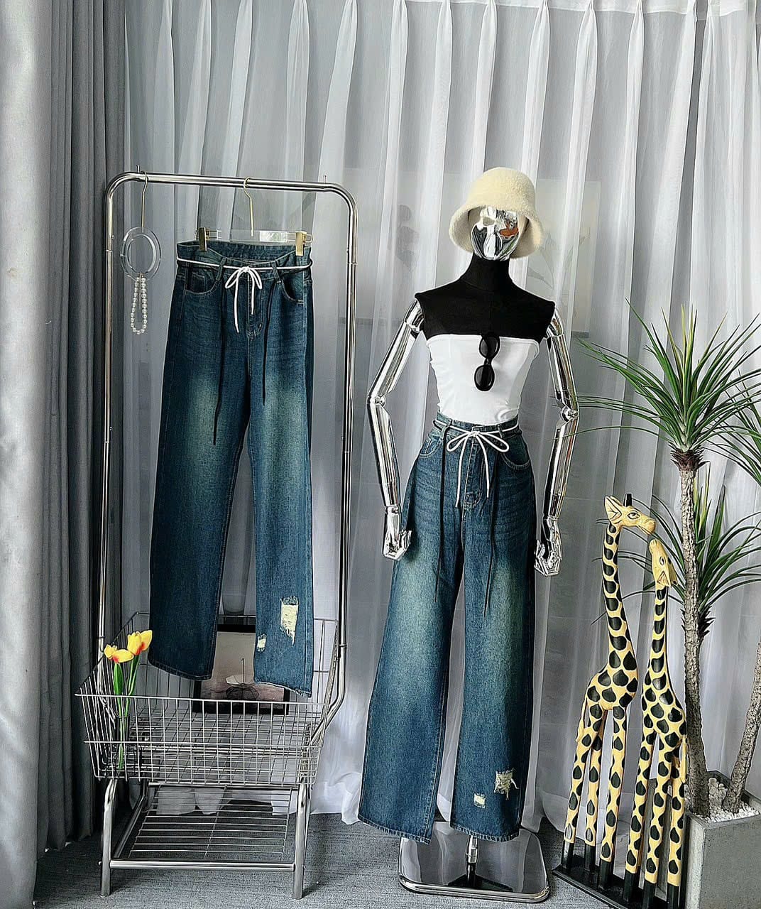 [Quần size đại] Quần jean nữ ống suông lưng cao, quần baggy jean nữ lưng bản to rút dây eo thời trang