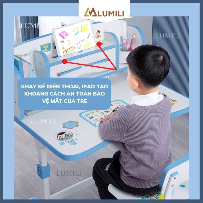 Bộ bàn học sinh Lumili D1 có giá sách chống gù chống cận, bàn học thông minh kèm kệ sách phù hợp cho học sinh tiểu học