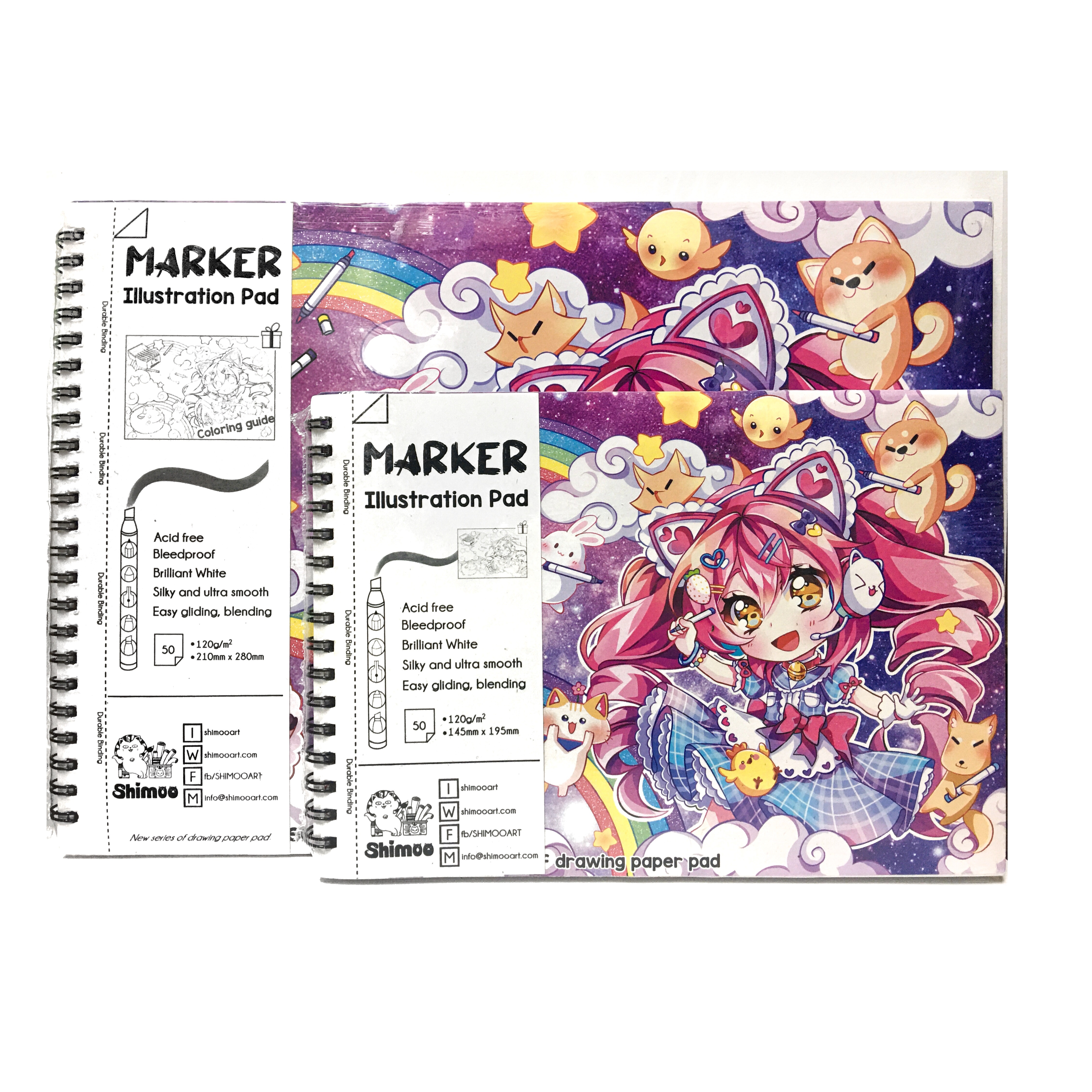 Giấy vẽ Shimoo Marker Illustration Pad chuyên phác thảo, sketch, vẽ marker chuyên nghiệp tặng kèm coloring guide khổ A4 / A5 loại 50 tờ gáy lò xo