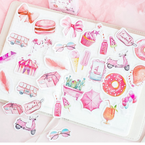 Hộp 46 Miếng Dán Sticker Hình Cây Cherry Màu Hồng Xinh Xắn Trang Trí Sổ Thiệp