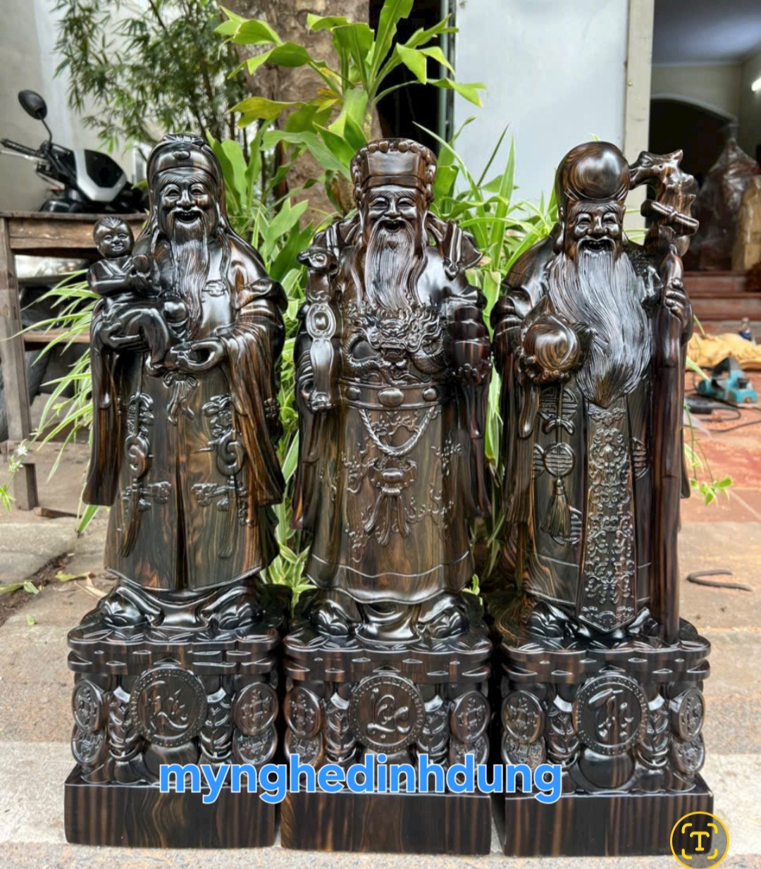 BỘ TƯỢNG PHẬT TAM ĐA PHÚC LỘC THỌ BẰNG GỖ MUN HOA KT CAO 30×11×9CM