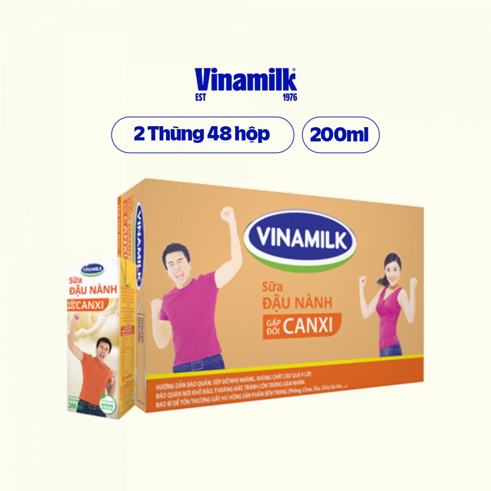 2 Thùng Sữa đậu nành Vinamilk Gấp đôi Canxi có đường hộp 200ml - 48 hộp/Thùng