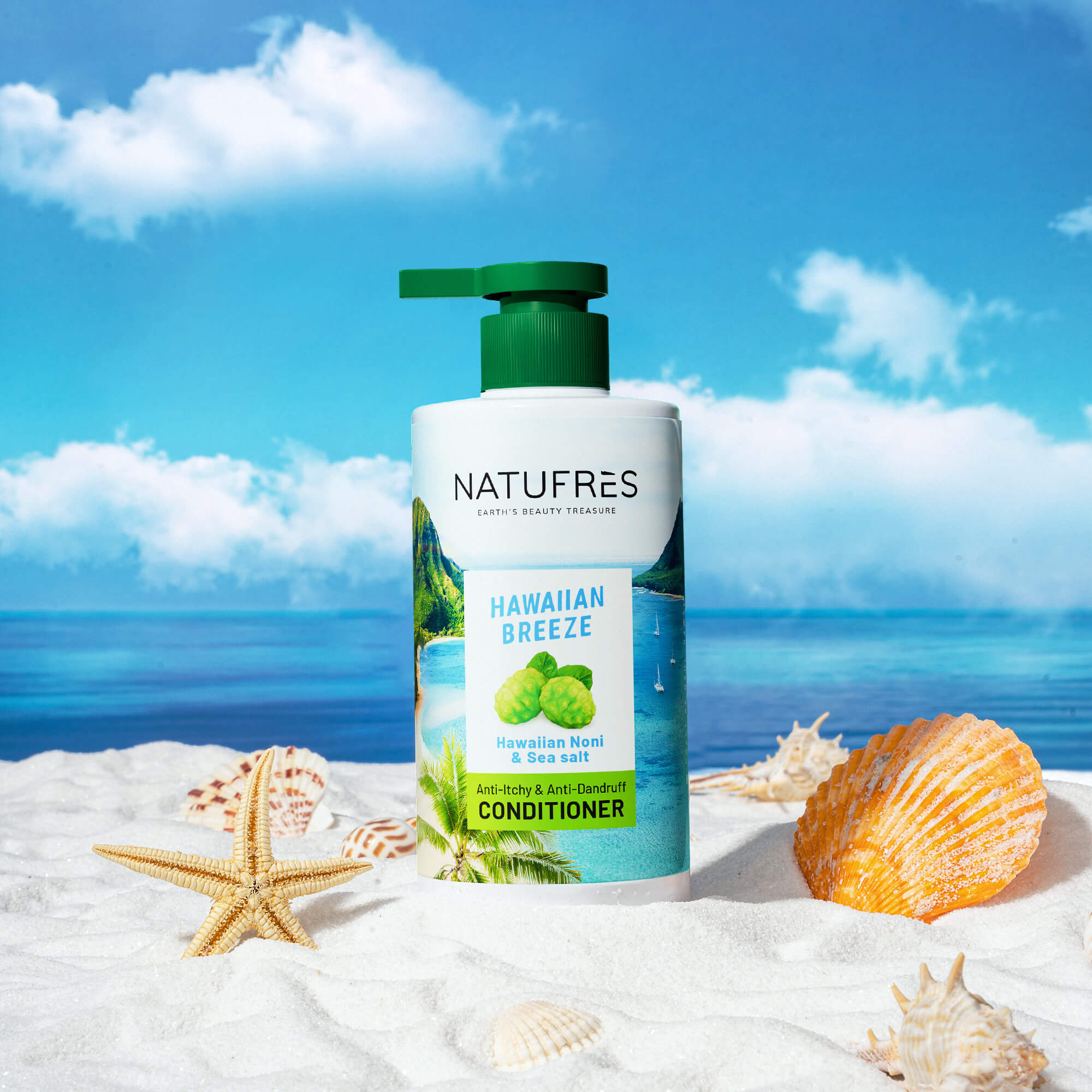 Dầu xả NATUFRÈS Hawaiian Breeze Muối Biển và Trái Nhàu - Điều tiết bã nhờn &amp; chống bết dính, tóc mềm mượt 250ml