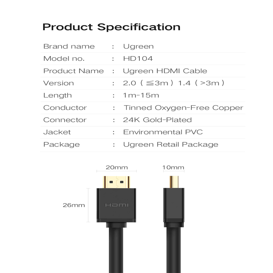 Cáp HDMI dài 2m Ugreen 10107 hỗ trợ HD, 2k, 4k - Hàng Chính Hãng