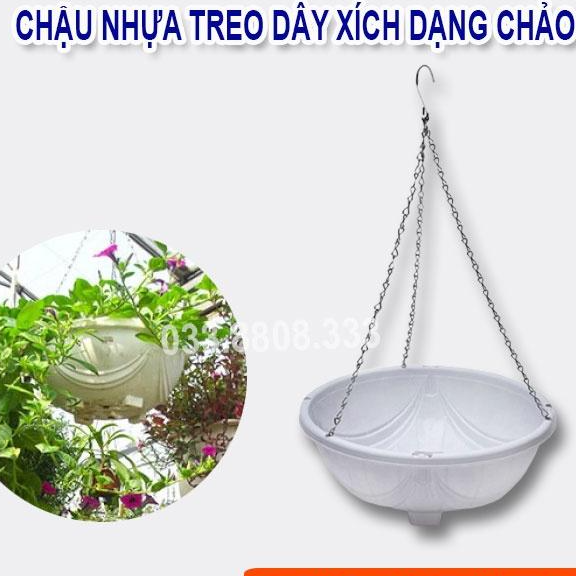 5 Chậu Chảo Nhựa Trắng  Tặng Kèm Móc Xích 29x12 - Chậu Trồng Hoa Đẹp