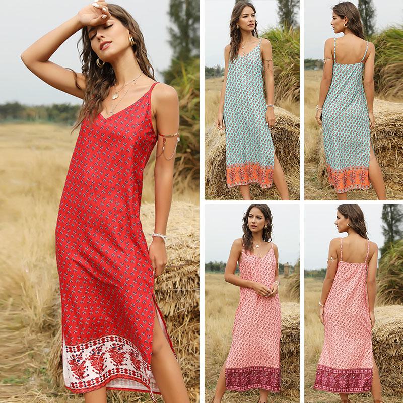 Sexy Women Summer Floral Print Dress Spaghetti Strap V Neck Sleeveless Split Hem Bohemian Holiday Dress