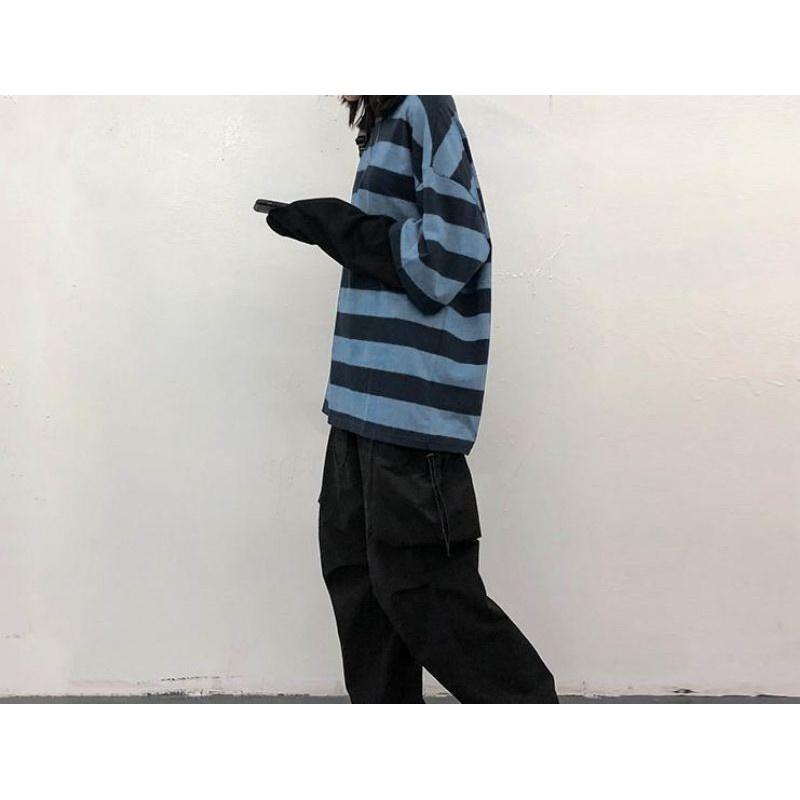 Áo dài tay kẻ ráp tay MEANSTORE phông Unisex nam nữ tee oversize form rộng pull Ulzzang Hàn Quốc vải mềm - Xanh đen