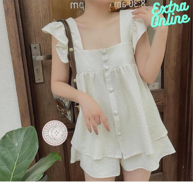 Đồ bộ nữ mặc nhà, Đồ ngủ nữ cánh tiên phối cúc vải đũi xốp mềm mát siêu sang