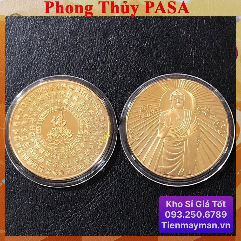 Đồng xu hình Phật A Di Đà Phong thủy tài lộc may mắn, mẫu Đứng, tặng túi gấm đỏ - PASA COLLECTION