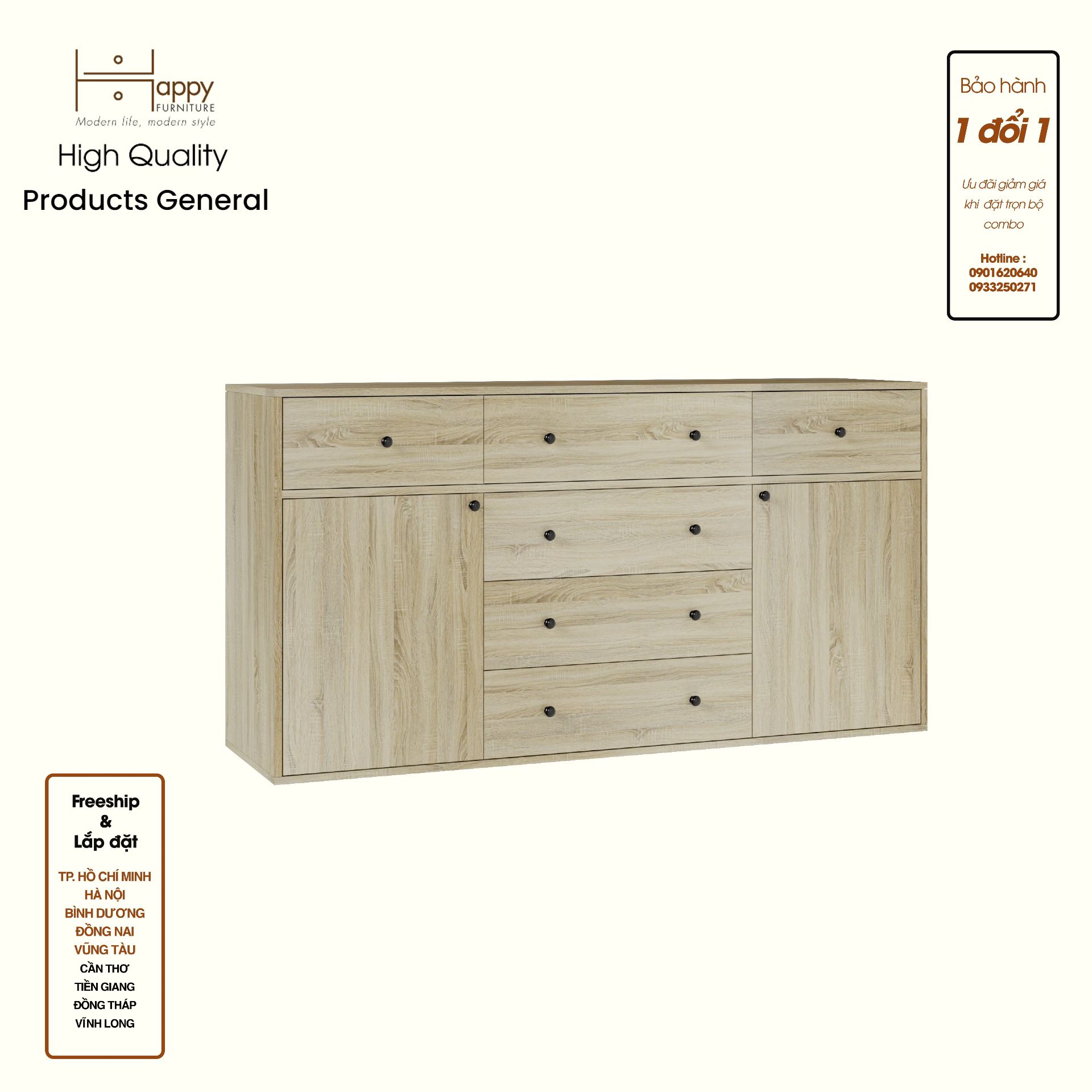 HAPPY FURNITURE , ZACY - Tủ lưu trữ 6 ngăn kéo 2 cửa mở, THK_219 , 160cm x 40cm x 82cm DxRxC, Sản phẩm phổ thông