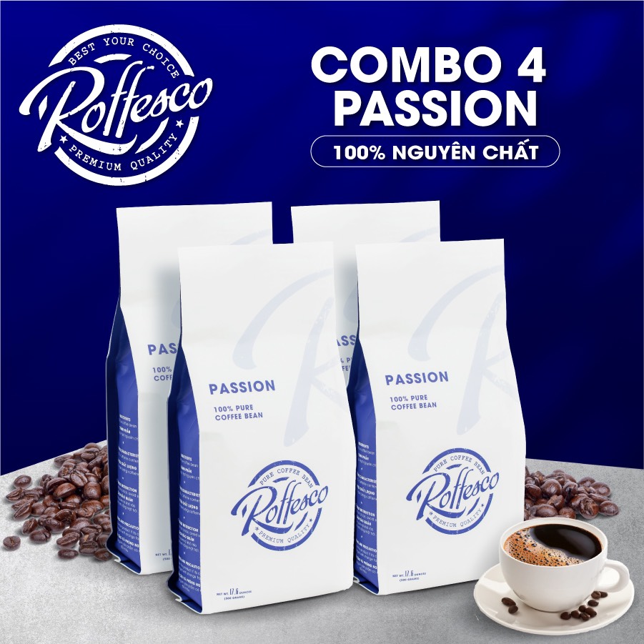 Combo 4 Cà Phê Nguyên Chất ROFFESCO PASSION Hương Vị Đậm Đà Hậu Ngọt Là Đồ Uống Đặc Trưng Vào Mỗi Buổi Sáng túi 500G