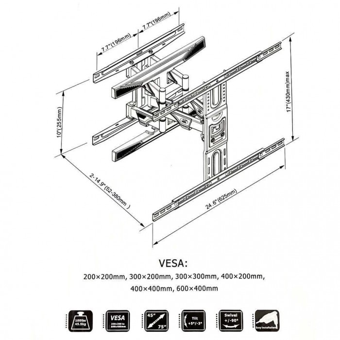 Gía Khung Treo North Bayou NB-P6 Tivi 45– 75 inch, tải 45,5 kg, Xoay Đa Năng - Hàng Chính Hãng