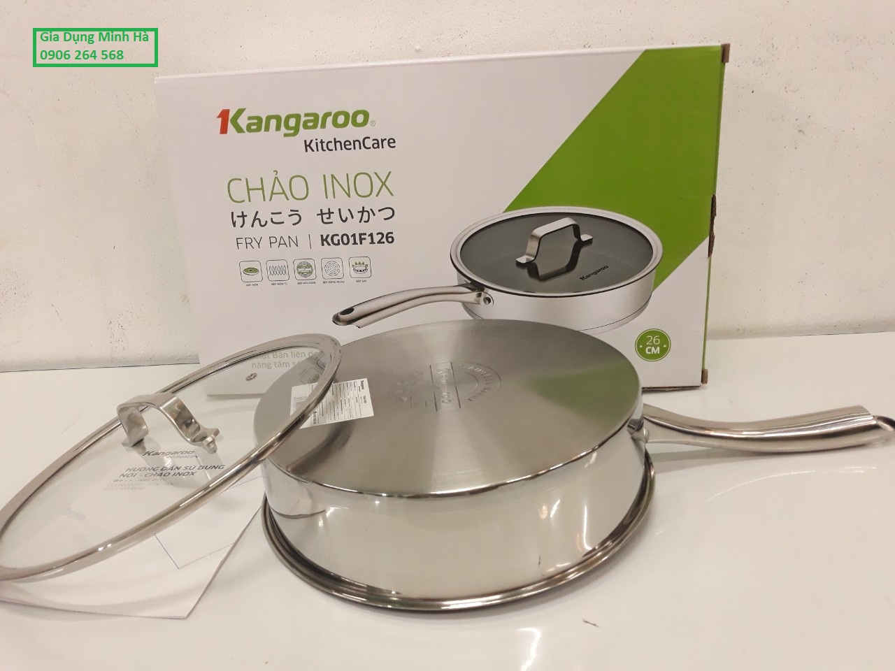 Chảo inox chống dính đáy từ nắp kính 26 cm Kangaroo KG01F126 hàng chính hãng