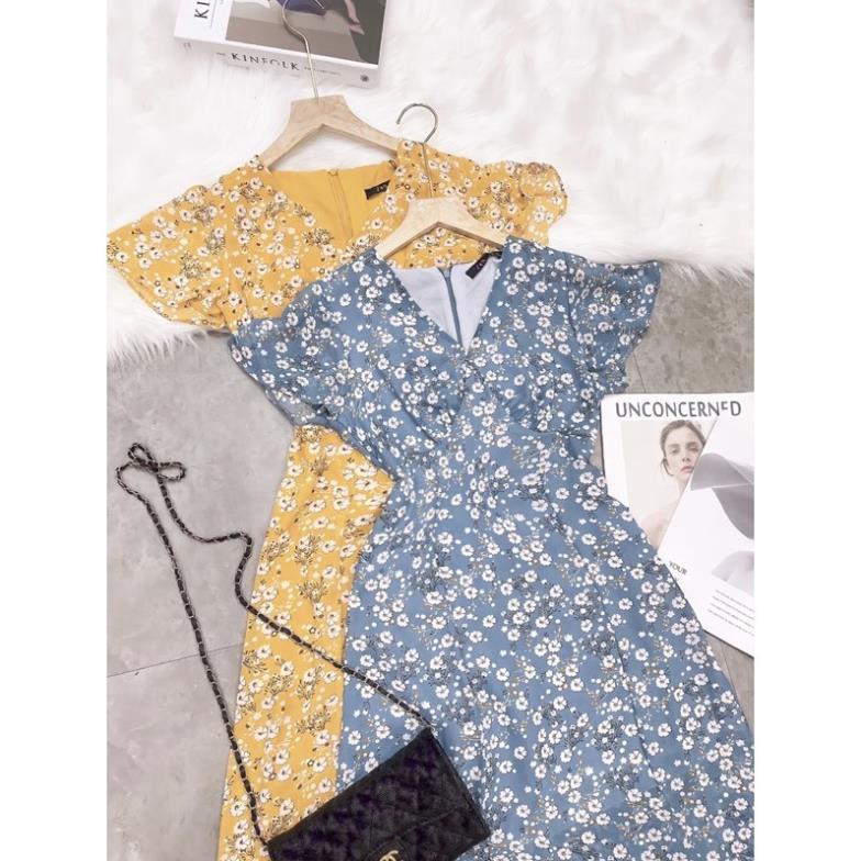 VÁY HOA TƠ CỔ V 2 MÀU XANH VÀNG CHO NỮ
