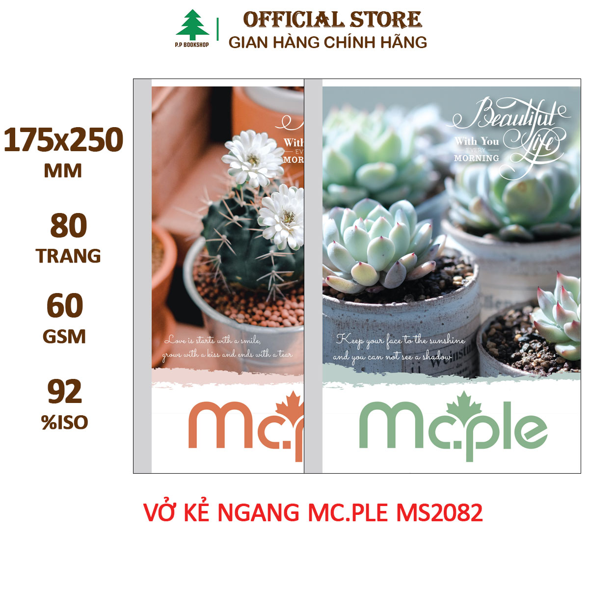 Vở kẻ ngang B5 MC.PLE 80 trang PLANT MS2082, định lượng 60gsm, độ trắng 92% ISO - Sổ tập vở chất lượng, bám mực tốt