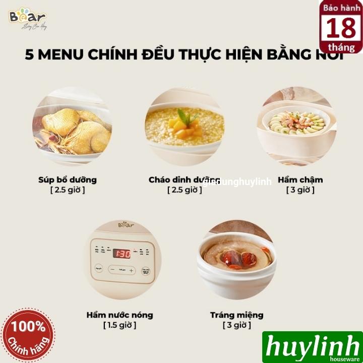 Nồi nấu chậm - chưng cách thuỷ Bear SB-NNC16 - 1.6 lít - tiếng Việt [1 thố lớn 1.6 lít + 2 thố nhỏ 0.5 lít] - Hàng chính hãng