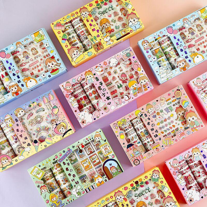 Set Hộp Washi Tape Cô Bé Đáng Yêu Băng Keo Hình Dán Cute Sticker Anime Trang Trí Sổ Combo 10 Cuộn 10 Stickers Cute