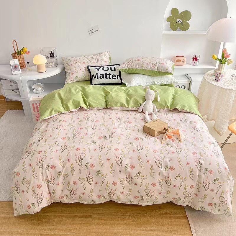 Bộ Chăn Ga Gối Cotton Living Hàng Nhập Khẩu Cao Cấp 4 Món Hoa Xinh Xanh Mát