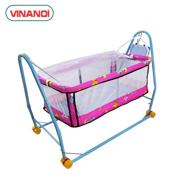 Nôi Võng Tự Động Giá Rẻ Em Bé NV20H VINANOI Sức Chứa 20kg - Lồng Nôi Màu Hồng - Khung Võng Màu Xanh Sơn Thép Tĩnh Điện