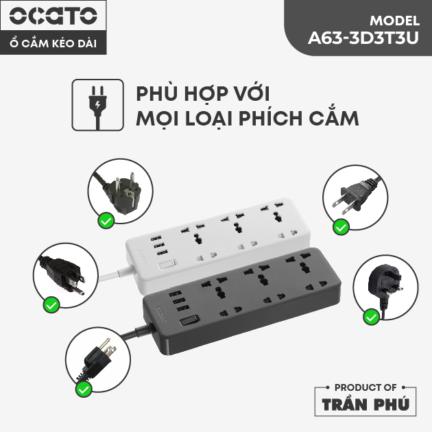 Ổ cắm điện kéo dài OCATO Trần Phú OCATO A63-3D3T3U (6 ổ cắm + 3 cổng sạc USB)