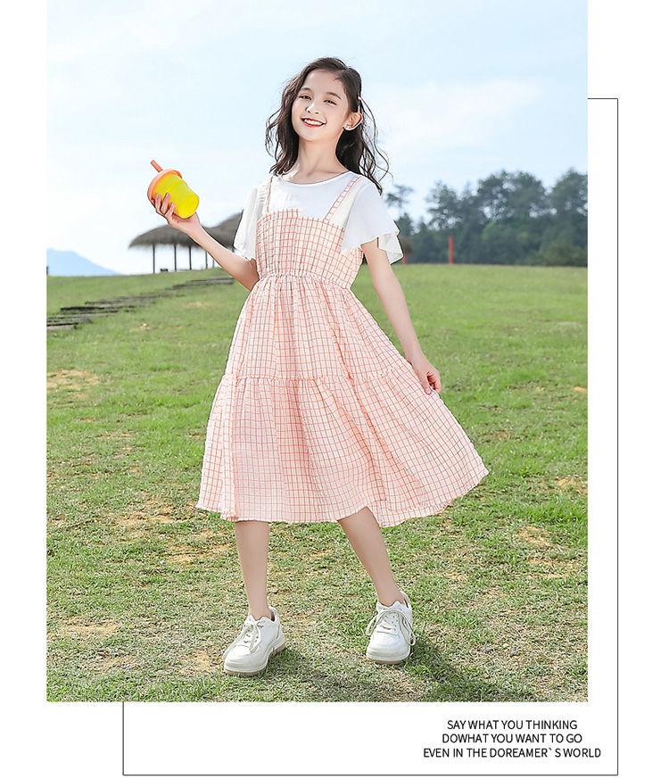 DONGSHOP HOT Cô gái ăn mặc mùa hè 2023 váy trẻ em trung bình lớn phong cách tây kẻ sọc đầm cô gái váy công chúa