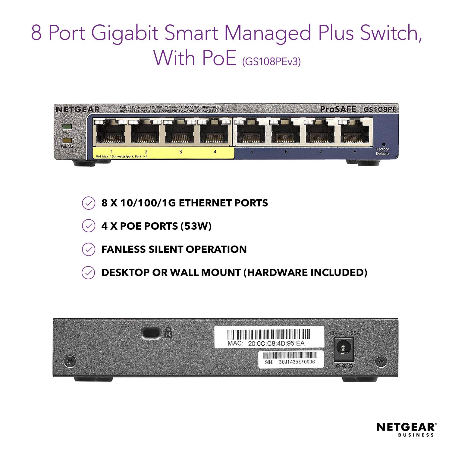 Bộ Chia Mạng Để Bàn 8 Cổng 10/100/1000M Với 4 Cổng PoE Gigabit Ethernet Smart Switch Netgear GS108PE - Hàng Chính Hãng