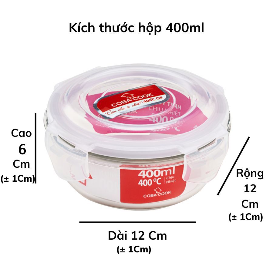 Bộ hộp cơm thủy tinh chịu nhiệt COBA'COCK 1 hộp tròn 400ml 2 hộp vuông 520ml và túi dài- CCR4S53BL