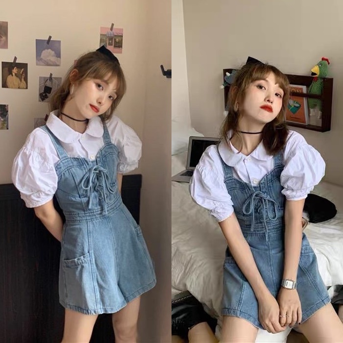 ĐẦM JUMPSUIT GIẢ VÁY NGẮN SET QUẦN YẾM 2 DÂY CỔ U ỐNG RỘNG JEANS DÂY ĐAN NGỰC + ÁO SƠ MI TRẮNG TAY NGẮN ĐI TIỆC DẠO PHỐ ĐI CHƠI