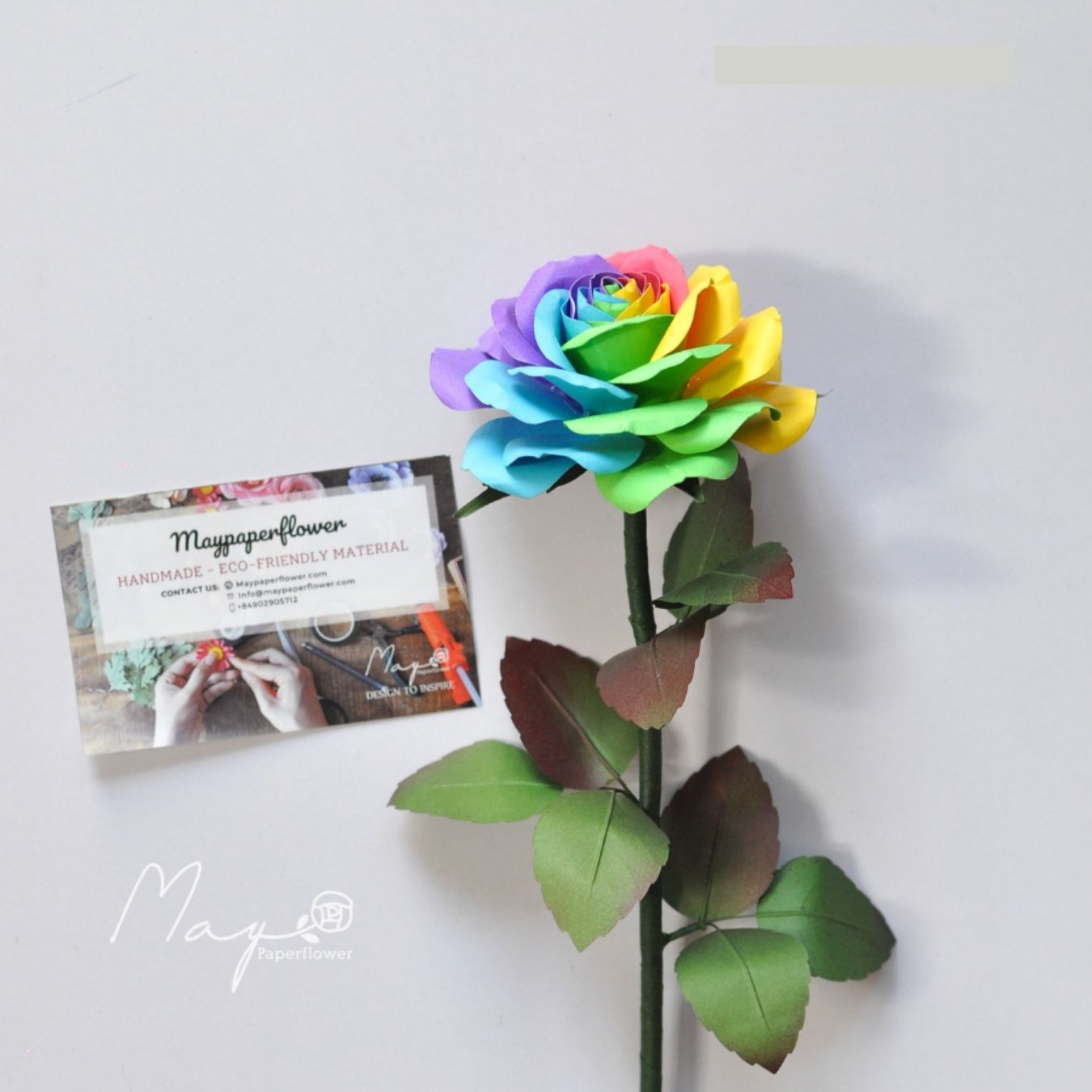 Hoa giấy handmade trang trí, Hoa hồng Rainbow cành lớn, Maypaperflower - hoa giấy nghệ thuật, hoa cắm bình, decor nhà ở