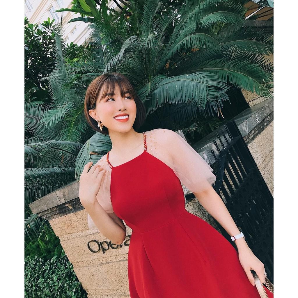 Đầm Xòe Cườm Cổ Yếm Tay Xòe Phối Lưới Cát Hàn Ribisachi
