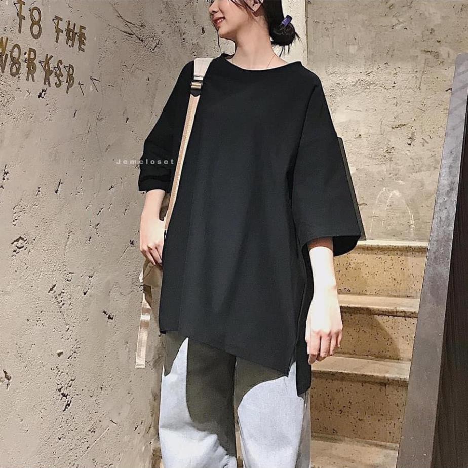 Áo Phông Trơn Dáng Rộng Xẻ Vạt Unisex