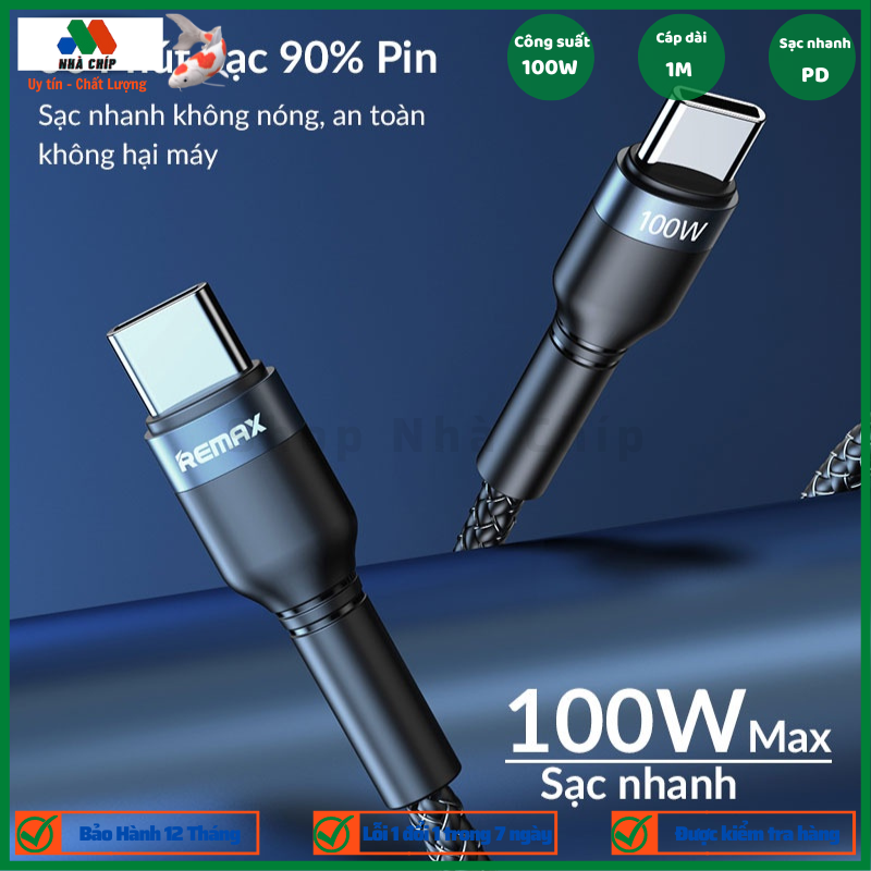 Cáp sạc nhanh ,truyền dữ liệu ,siêu bền Type C to Type C 100W Remax RC-172c tích hợp chip EMK chống giãn, chống xoay, chống uốn cong - Hàng chính hãng