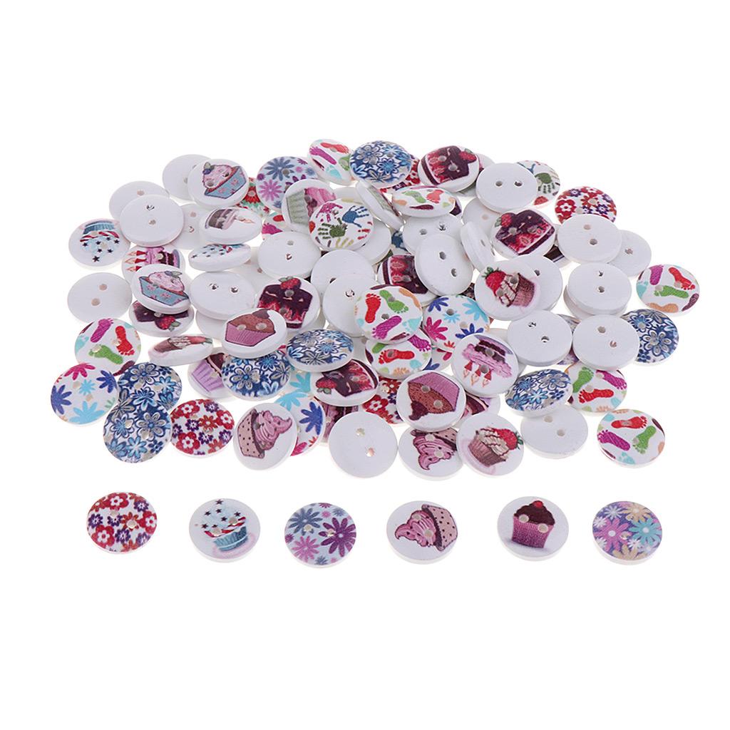 100pcs Flower Printed Wooden Buttons 2 Holes 15mm DIY Clothing Scrapbook Crafts