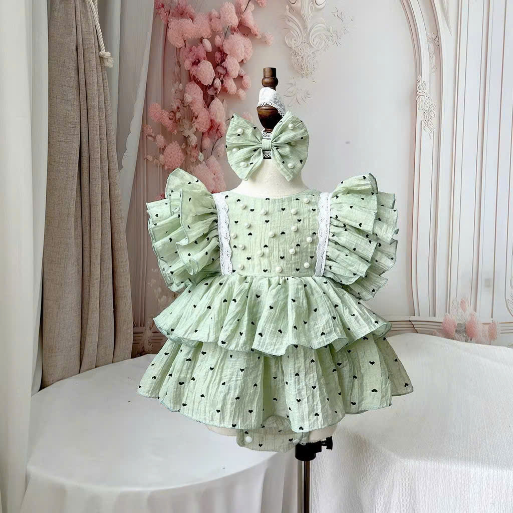 SET BODY VÁY CHẤM BI TIM MÀU XANH KÈM BĂNG ĐÔ CHO BÉ GÁI SƠ SINH 1 2 TUỔI TỪ 3-11KG DÀNH CHO BÉ GÁI
