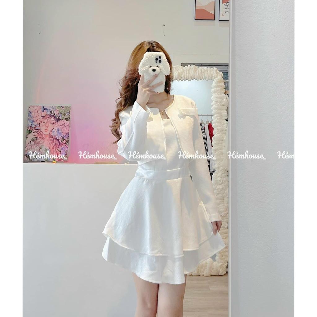 Set đầm dạ trắng 2 dây dáng xòe kèm khoác crop dạ tay dài tiểu thư dự tiệc cưới hẽm house