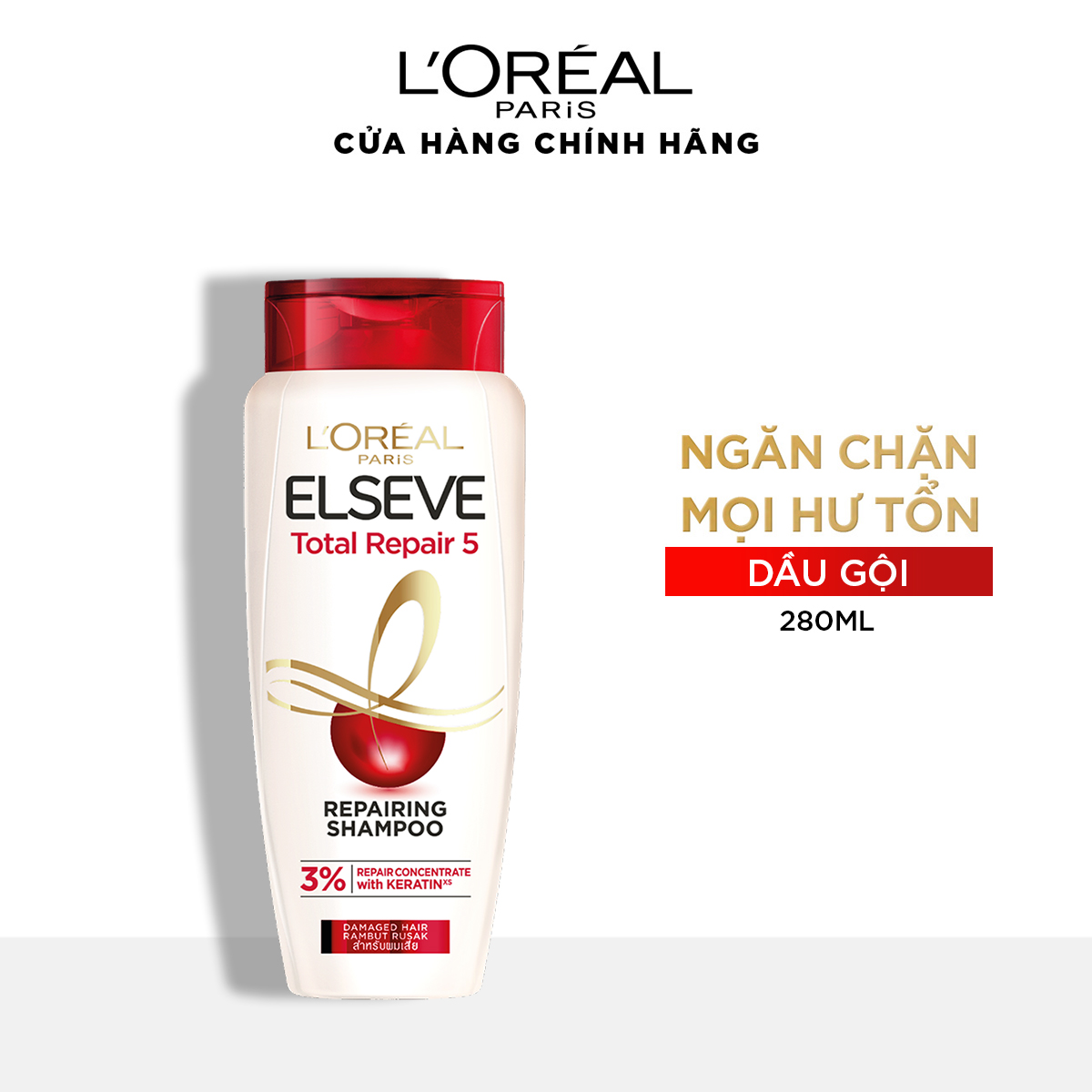 Dầu gội giúp phục hồi tóc hư tổn L'Oréal Paris Elseve Total Repair 5 Filler Repairing Shampoo 280ml