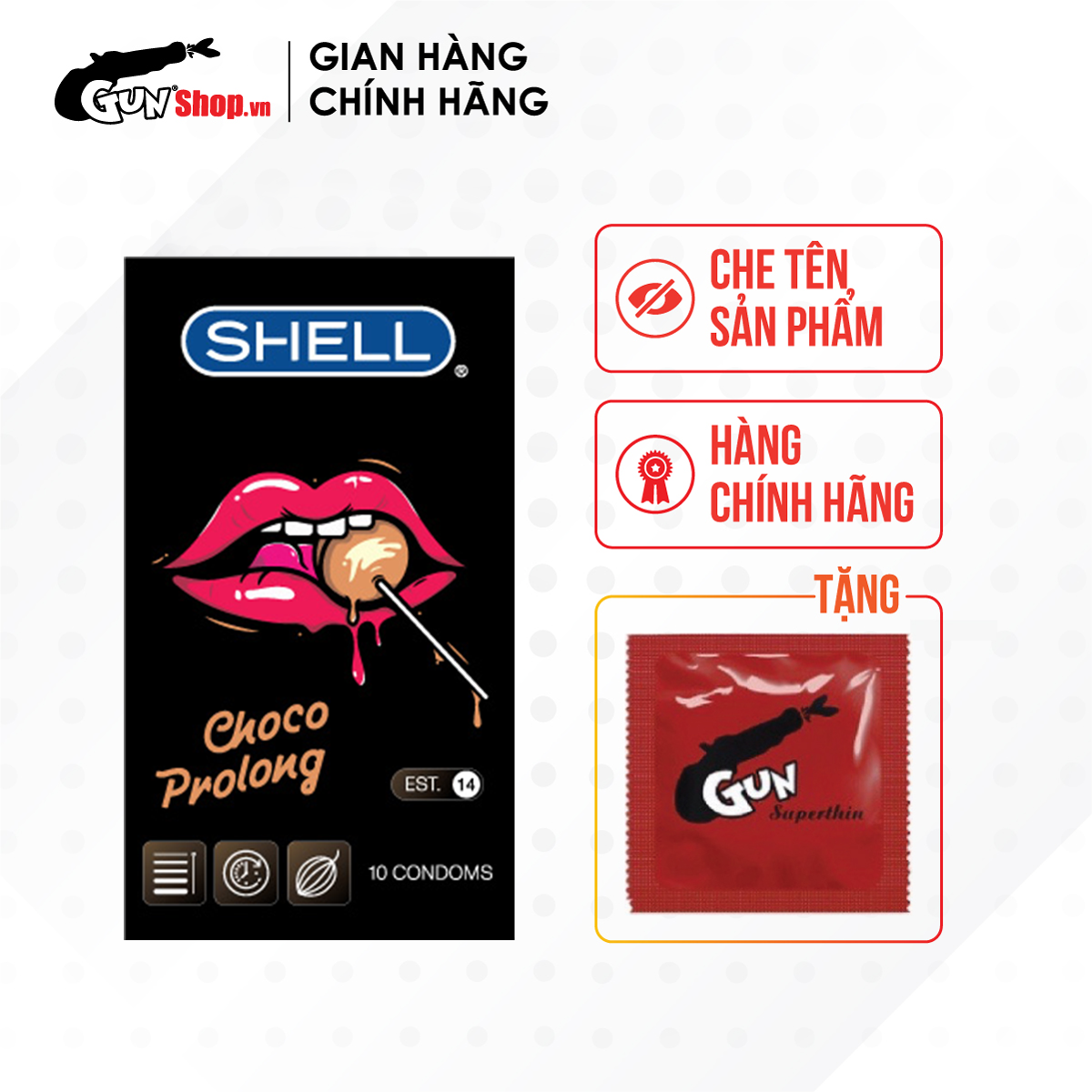 [Hộp 10 cái] Bao cao su Shell Choco Prolong kéo dài thời gian, hương chocolate kèm 1 chiếc BCS Gun Super Thin