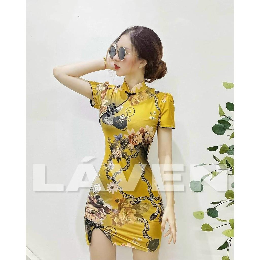 Đầm body sườn xám cổ tàu hoạ tiết xịn xò + Ảnh thật
