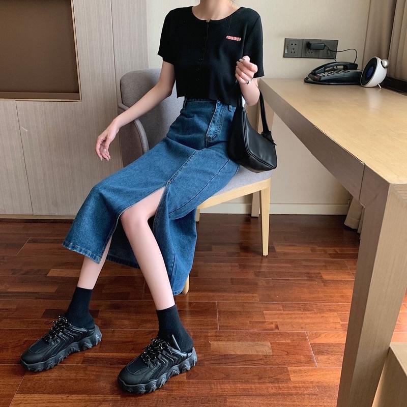 Chân váy bò Denim nữ chất Jeans dáng dài xẻ sườn lưng cao phong cách Ulzzang Hàn #918-929