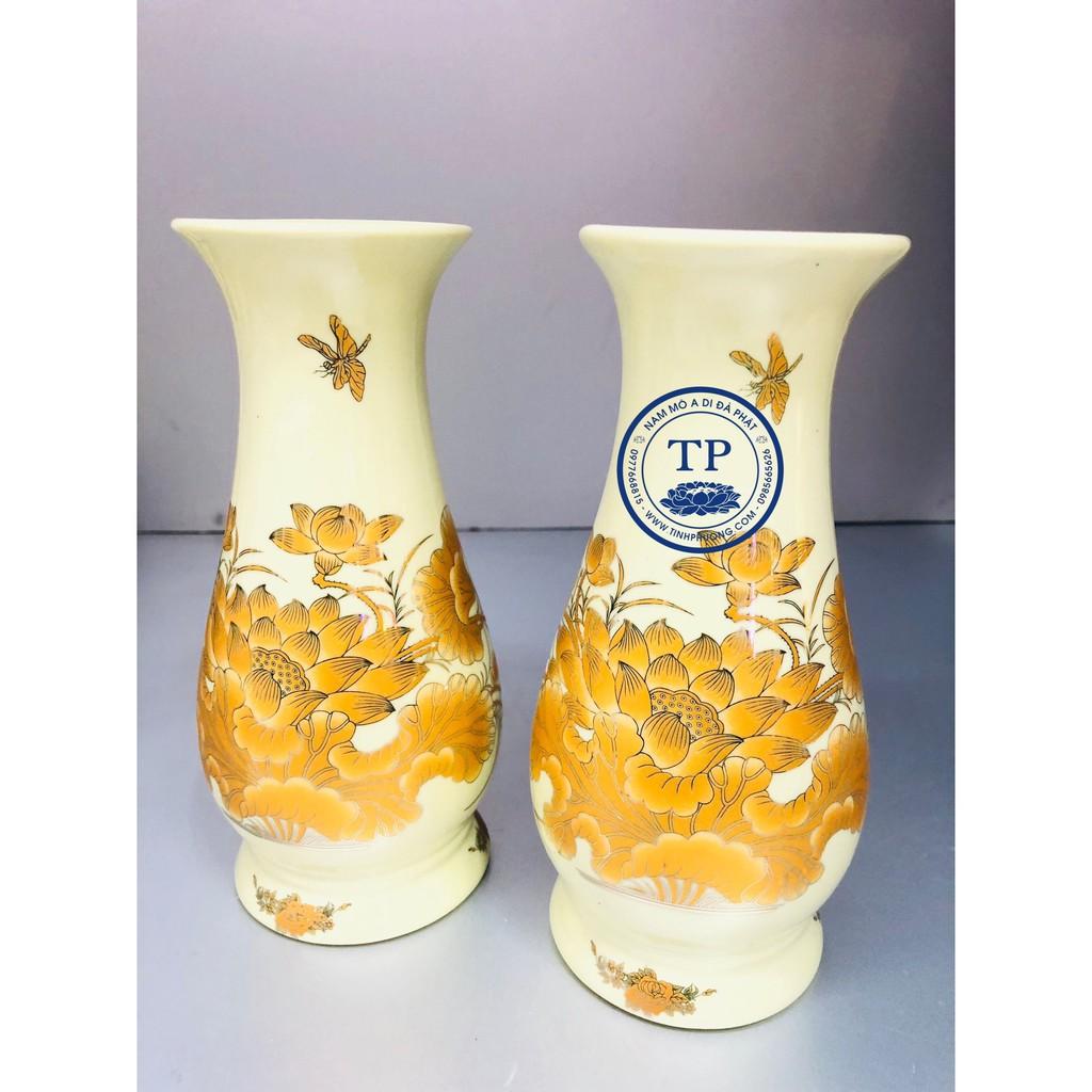 ĐÔI LỌ HOA THỜ BẰNG SỨ HOA SEN VÀNG  TM121428