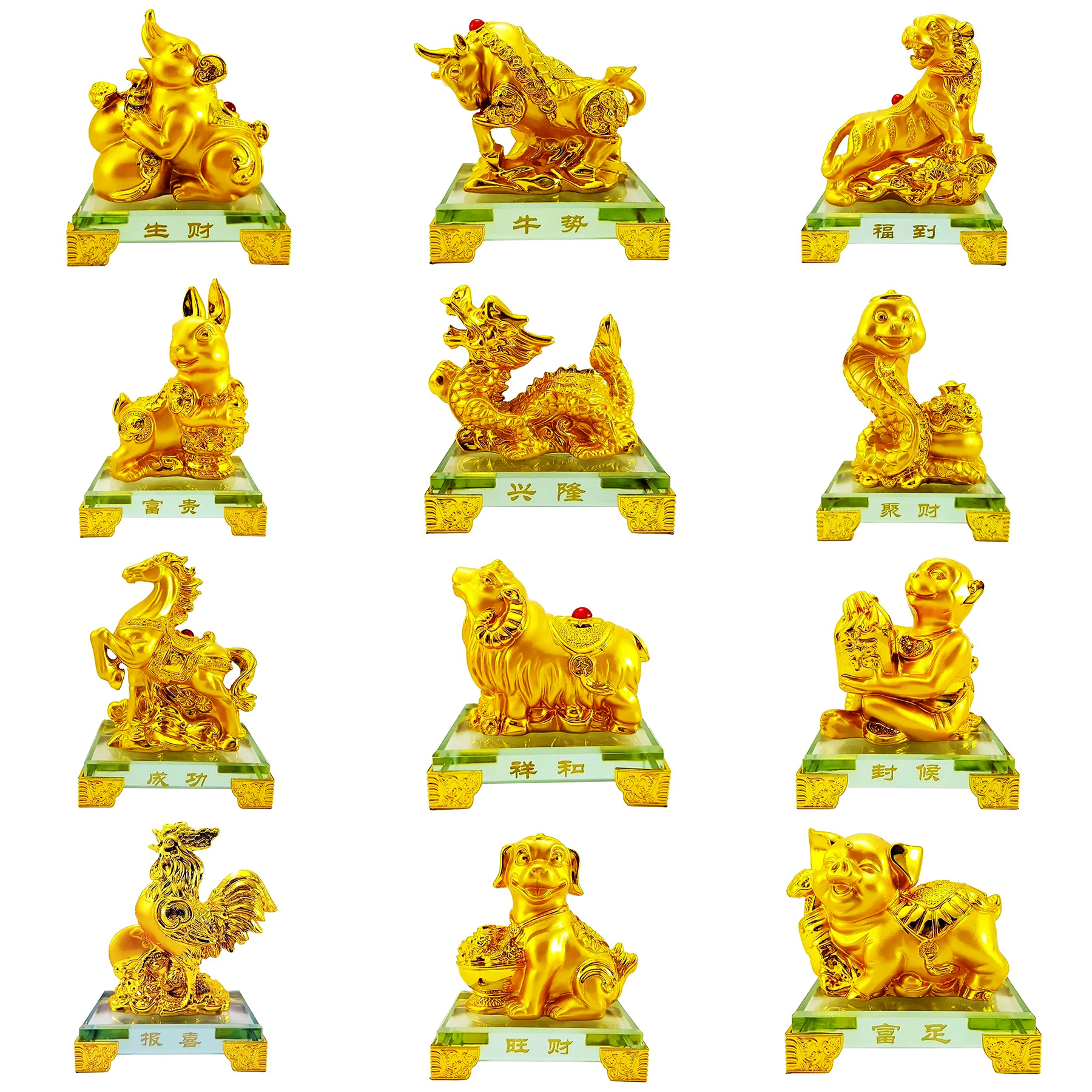 Tượng chú gà vàng đế kính thủy tinh cao cấp - Tượng Thần Kê Chiêu Tài