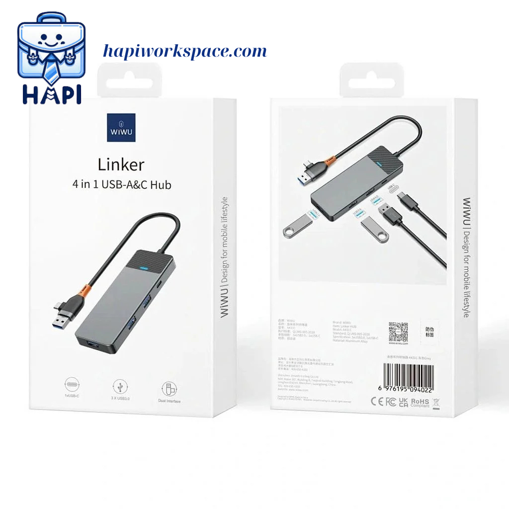 HUB mở rộng hàng chính hãng WiWU Linker 4-in-1 Wi-A431C: Đầu vào USB-A + USB-C, phù hợp nhiều dòng laptop