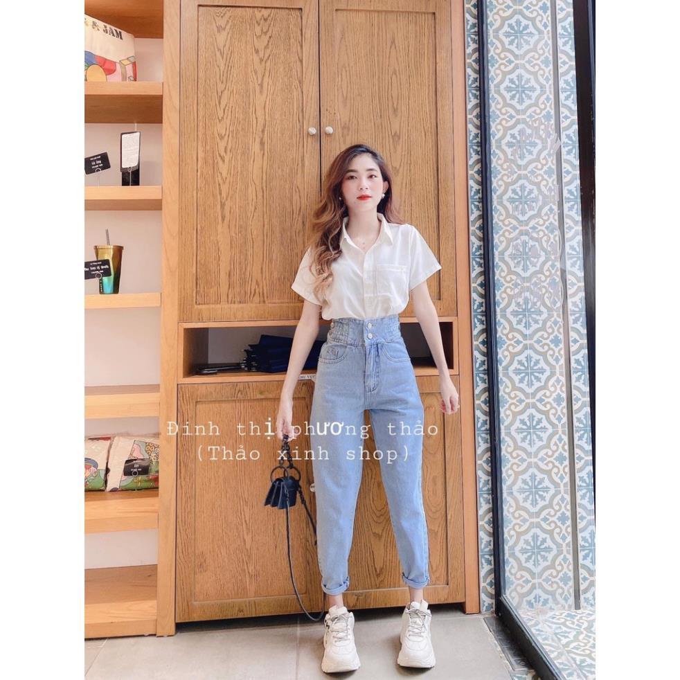 Set Quần Jean Bò Bèo 2 Khuy+ Áo Sơ Mi Trắng Cao Cấp Trẻ Trung Cho Bạn Gái thời trang Banamo Fashion 161