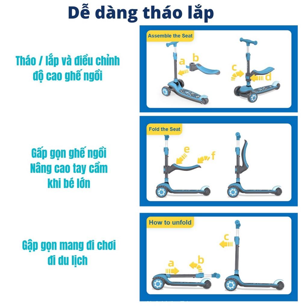 Xe Scooter cho bé Mideer , Xe trượt scooter 3 bánh phát sáng, cao cấp, gấp gọn có ghế ngồi cho bé trai, gái 1 2 3 4 5 6