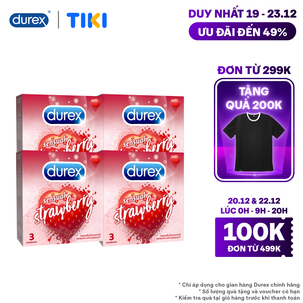 Bộ 4 Bao Cao Su Durex Sensual Strawberry - Hộp 3 Bao